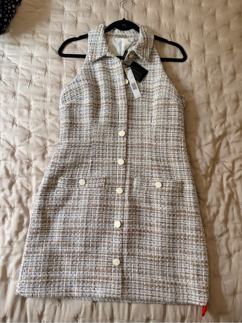 Elie Tahari Cream and Tan Tweed Sleeveless Button Dress